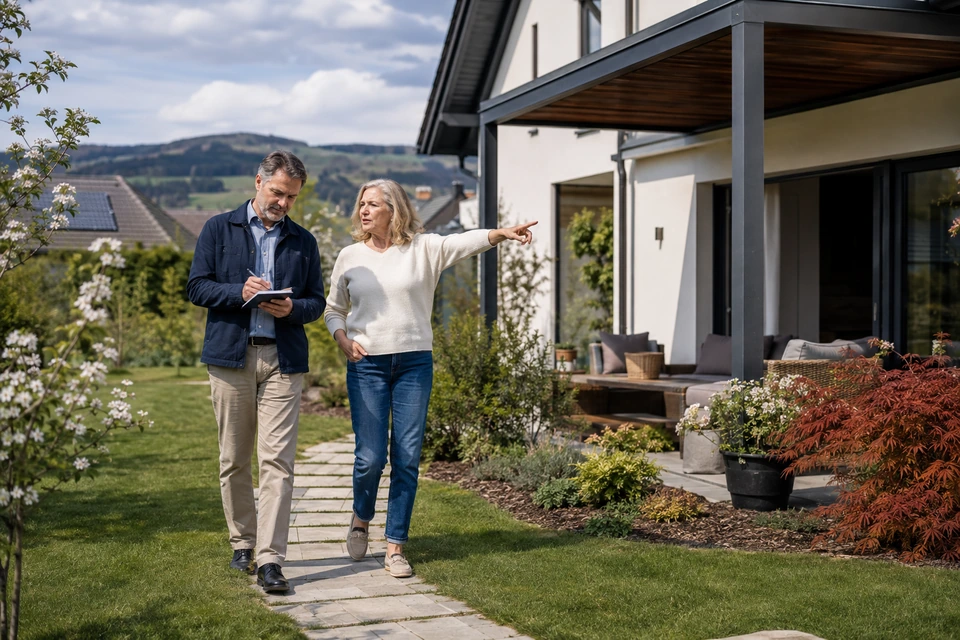 Symbolischer Immobilientermin im Garten eines österreichischen Wohnhauses